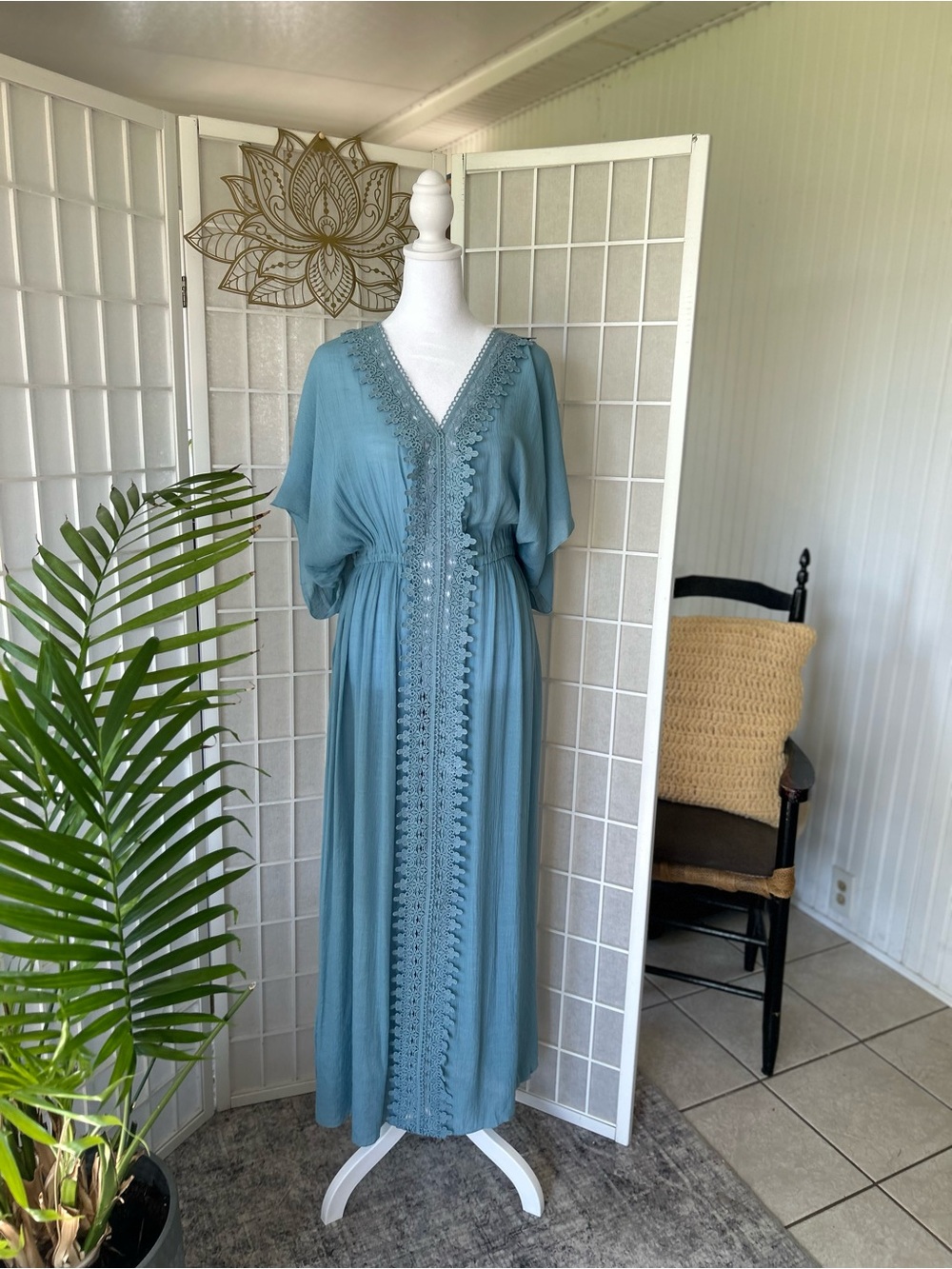HYFVE Dusty Blue Maxi Dress/Cover Up with Lace Trim
